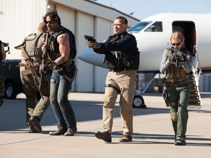 Joe Manganiello, Arnold Schwarzenegger and Mireille Enos in Open Road Films' Sabotage (2014). Photo credit by Blake Tyers.