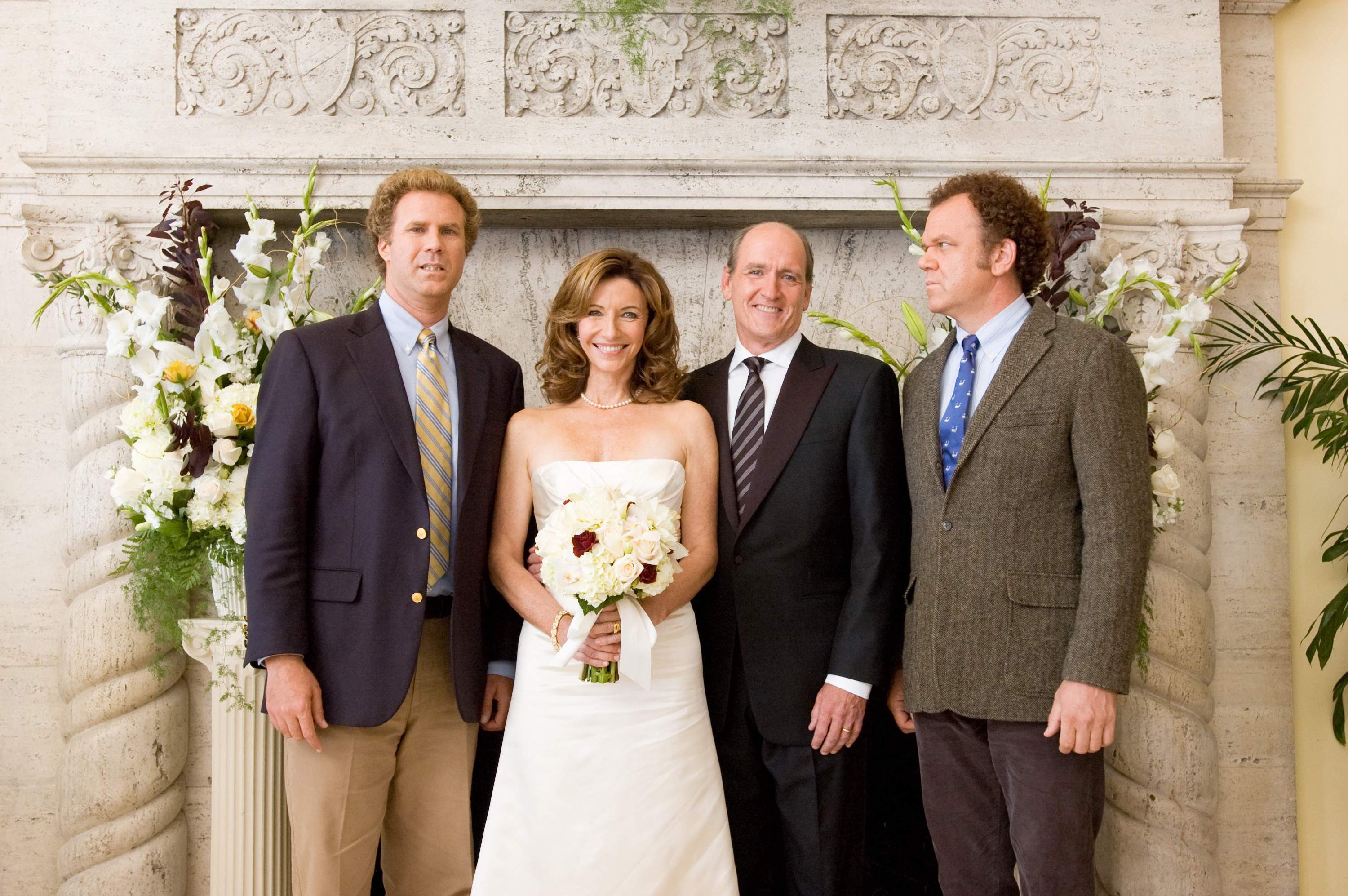 Brennan Huff (Will Ferrell, left) and Dale Doback (John C. Reilly, right) are two middle-aged, immature, overgrown boys forced to live together as stepbrothers when Brennan's mother, Nancy (Mary Steenburgen, center left) marries Dale's father, Robert (Richard Jenkins, center right) in Step Brothers.
