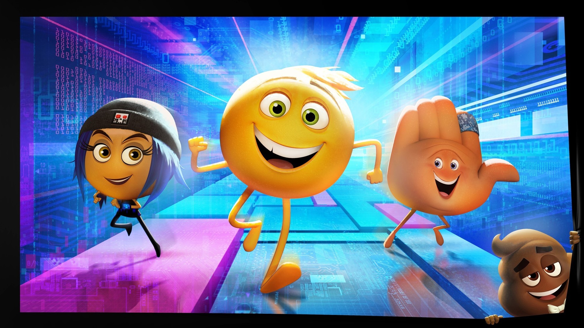Jailbreak, Gene, Hi-5 and Poop from Sony Pictures Animation's The Emoji Movie (2017)