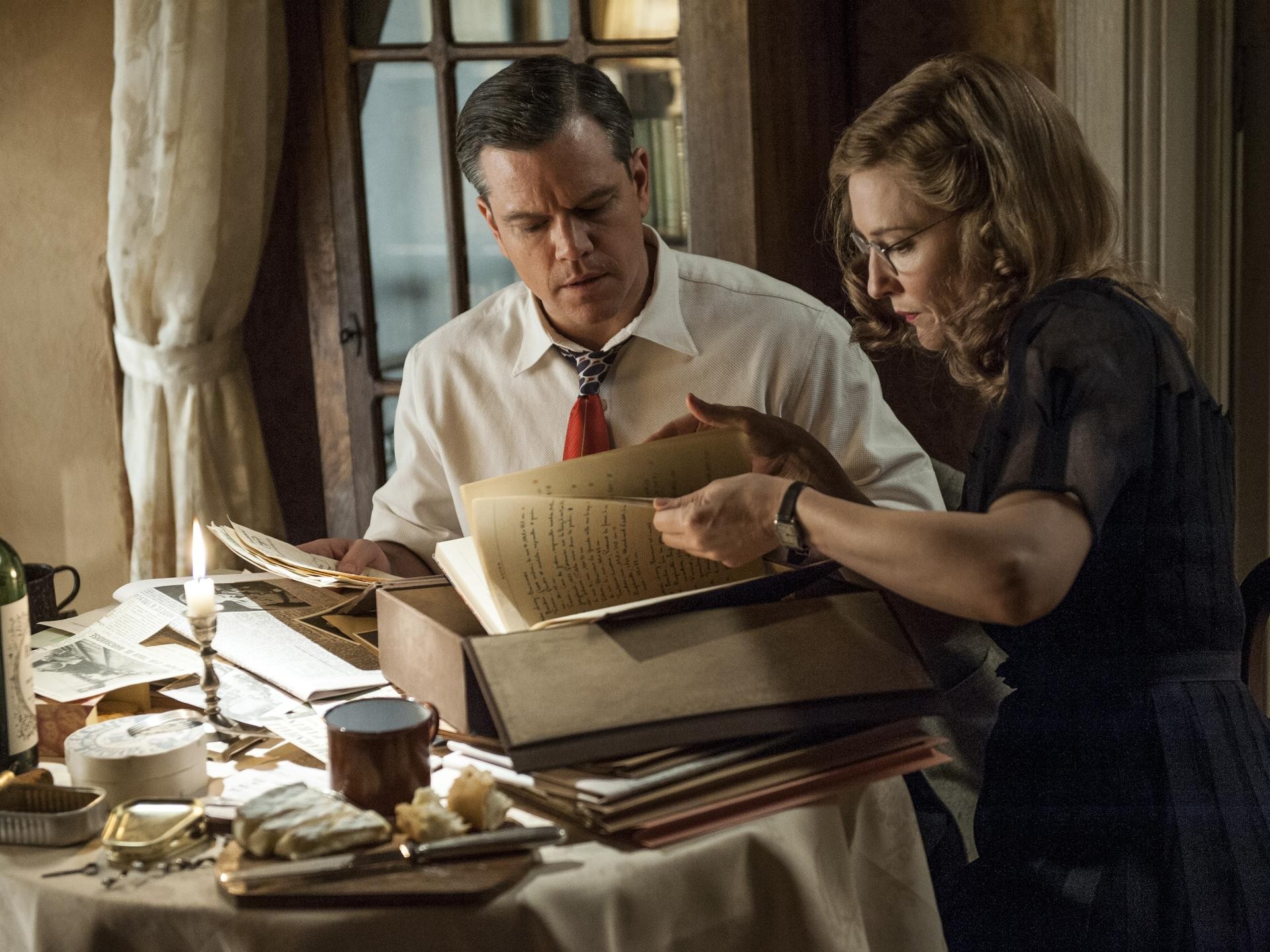 Matt Damon stars as James Granger and Cate Blanchett stars as Claire Simone in Columbia Pictures' The Monuments Men (2014). Photo credit by Claudette Barius.
