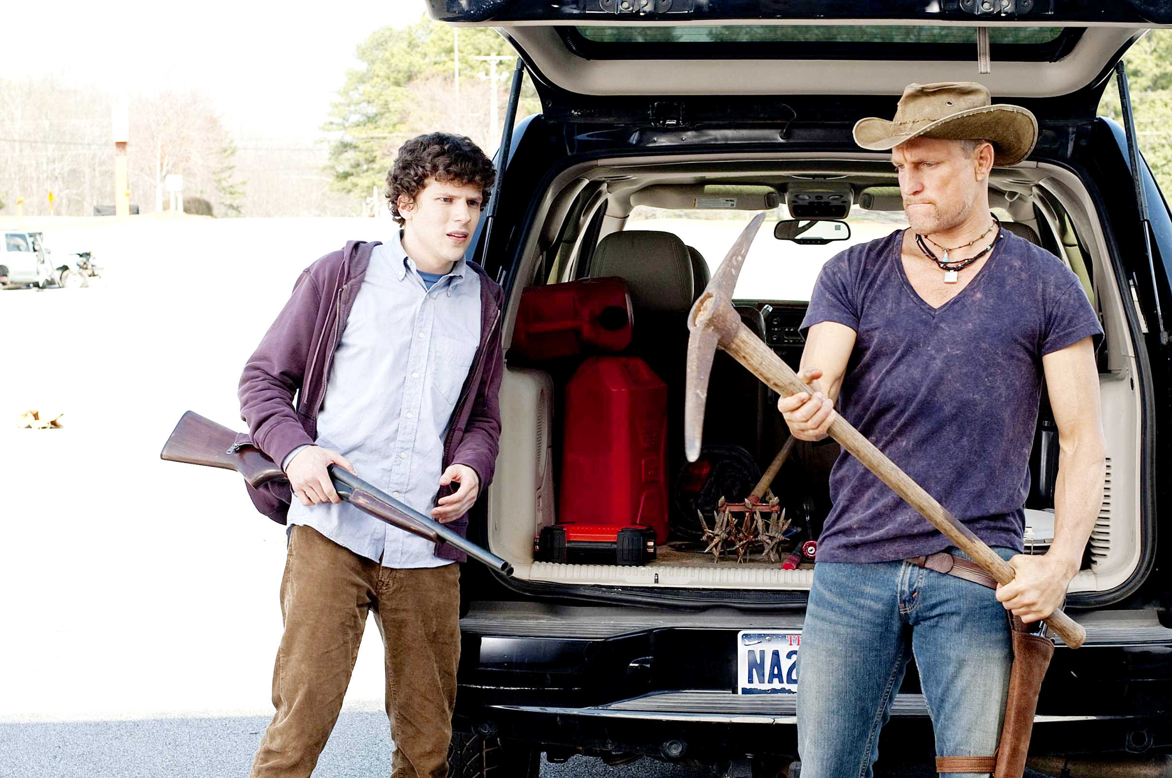 Jesse Eisenberg stars as Columbus and Woody Harrelson stars as Tallahassee in Columbia Pictures' Zombieland (2009). Photo credit by Glen Wilson.