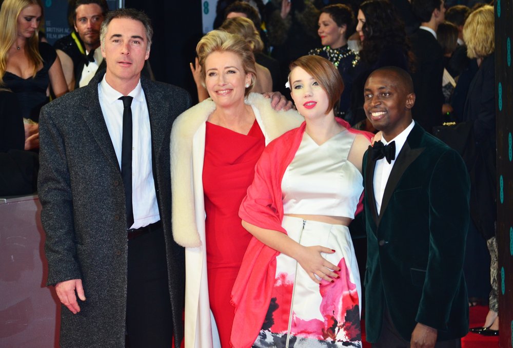 Greg Wise;Emma Thompson;Gaia Wise;Tindyebwa Agaba;<br>EE British Academy Film Awards 2014 - Arrivals