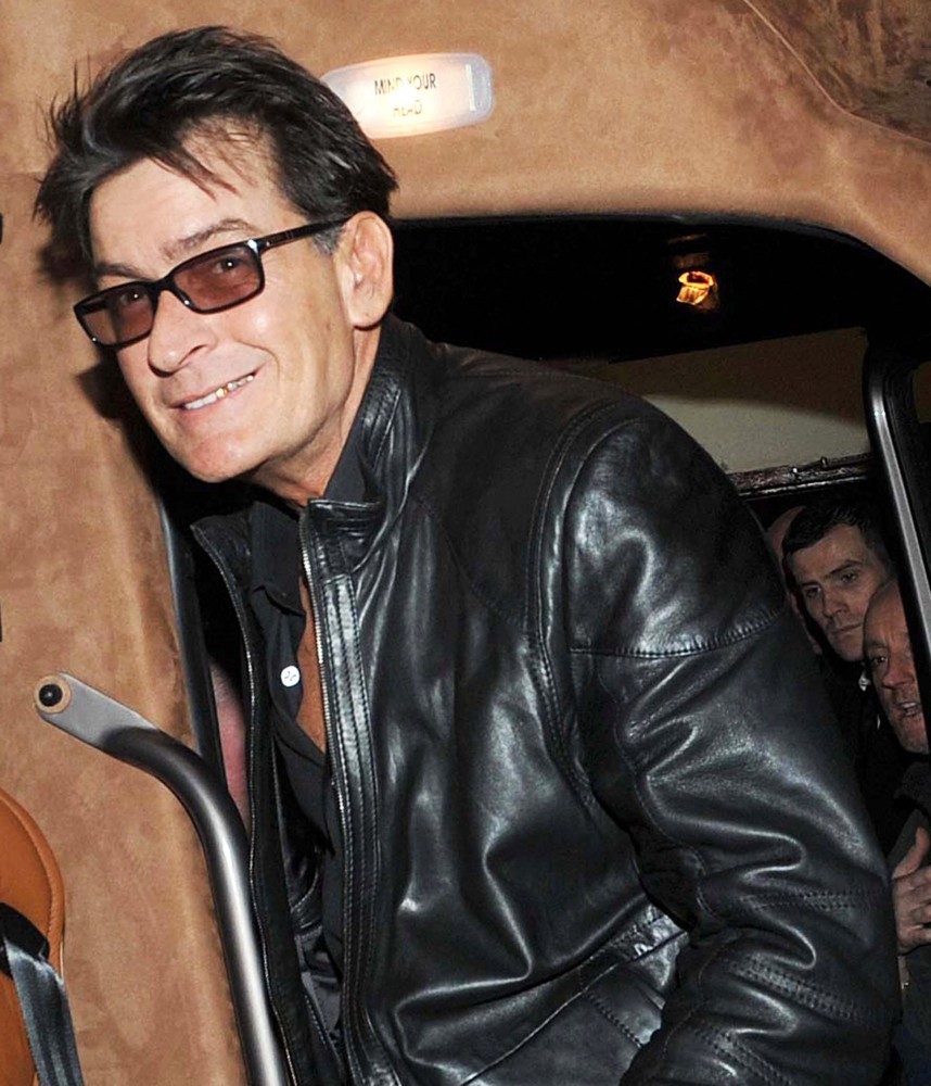 Charlie Sheen in Good Spirits as He Boards His Bus After Leaving The Olympia Theatre