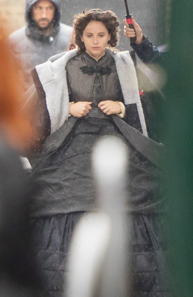 Felicity Jones Films The Aeronauts in Pouring Rain