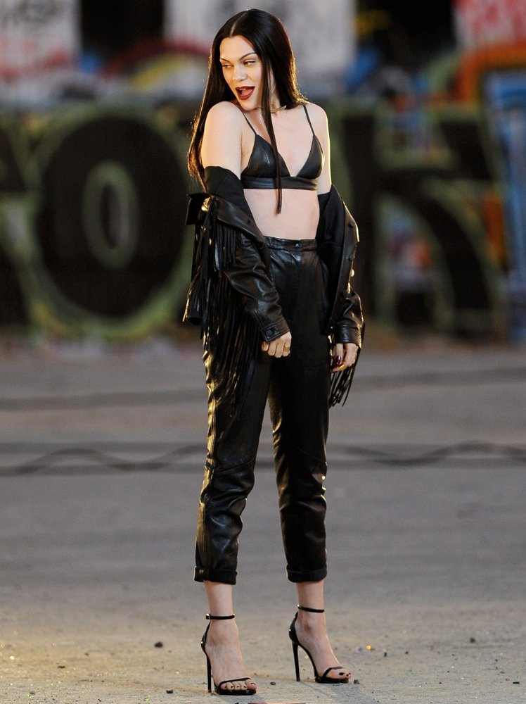 Jessie J Wearing All Black Leather for Music Video Masterpiece Filming