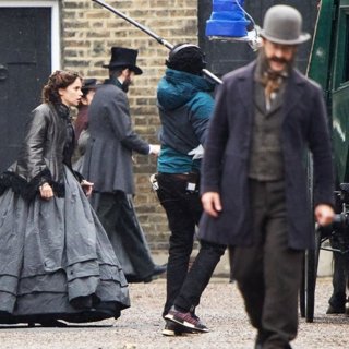 Felicity Jones Films The Aeronauts in Pouring Rain