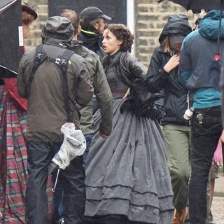 Felicity Jones Films The Aeronauts in Pouring Rain