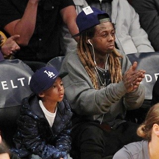 Lil Wayne at The Los Angeles Lakers Game with His Son